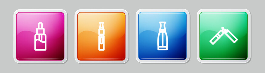 Set line Vape liquid bottle, Electronic cigarette, and Broken. Colorful square button. Vector