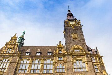 Front facade and tower of the town hall building in Wuppertal, Germany