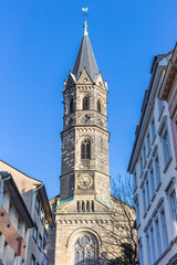 Fototapeta na wymiar Tower of the New Church in the historic center of Wuppertal, Germany