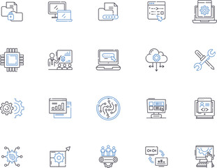 Programming coding outline icons collection. Coding, Programming, Scripting, Compiling, Debugging, Syntax, Algorithms vector and illustration concept set. Variables, Functions, Modules linear signs
