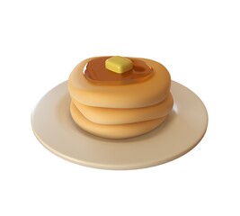 pancakes with syrup and butter on plate isolated on white background. 3d rendering illustration