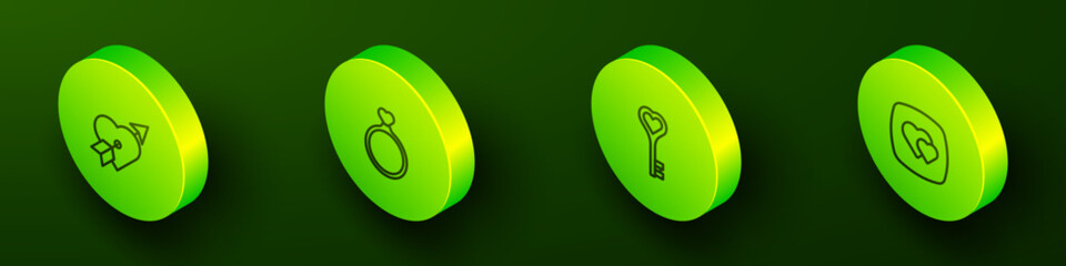 Set Isometric line Amour with heart and arrow, Wedding rings, Key shape and Heart icon. Vector