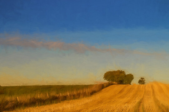 Digital painting of trees on the horizon of a wheat field that has been cut.