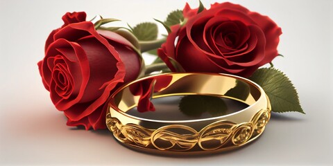 Bouquet with beautiful roses and wedding rings. Ai Generative