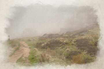 Springtime digital watercolour painting of a sunrise cloud inversion, and mist at The Roaches, Staffordshire.