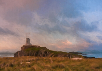 Digital painting of the Llanddwyn island lighthouse, Goleudy Twr Bach at Ynys Llanddwyn on Anglesey, North Wales.