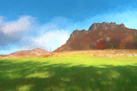 Digital watercolour of Hen Cloud against a beautiful blue sky at the Roaches in the Peak District National park.