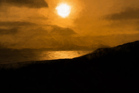 Digital painting of a view of the llyn peninsula from Ynys Llanddwyn on Anglesey, North Wales.