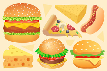 Fast food set, burgers, cheese, hot dog, pizza illustrations set. 