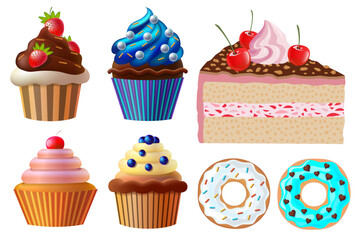 cakes, cupcakes, donuts illustrations collection. Sweets, dessert designs, sweets colorful illustrations.