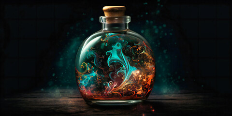 a colorful bottle full of colorful liquid with smoke and light,