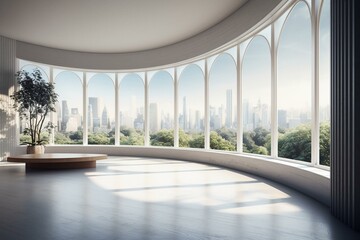 Architecture interior background room with curved panoramic window 3d render. Generative AI