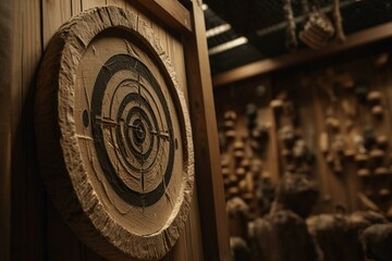 Axe throwing target with axe in center on bullseye. Generative AI