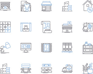Apartments and accomodation outline icons collection. Accommodation, Apartments, Rentals, Bedsitters, Leases, Suites, Flats vector and illustration concept set. Lodgings, Habitations, Pads linear