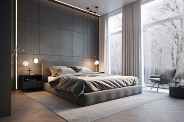 Luxurious gray and white bedroom. Photorealistic style. Generative AI.