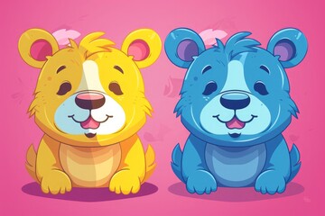 Obraz na płótnie Canvas A pair of cartoon animals sit next to each other. Yellow-blue color scheme. little bears. Generative AI.