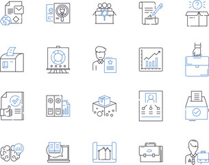 Office documentation outline icons collection. Office, Documentation, Files, Paperwork, Records, Manuals, Guidelines vector and illustration concept set. Forms, Reports, Books linear signs