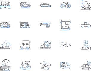 Transport and travel outline icons collection. Logistics, Planes, Boats, Trains, Roads, Ridesharing, Buses vector and illustration concept set. Autos, Taxis, Cabs linear signs