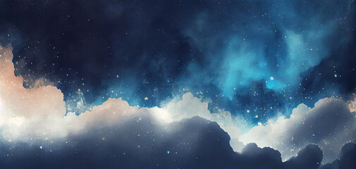 Fototapeta premium Night sky with clouds and stars, abstract watercolor texture background, illustration, created using ai tool