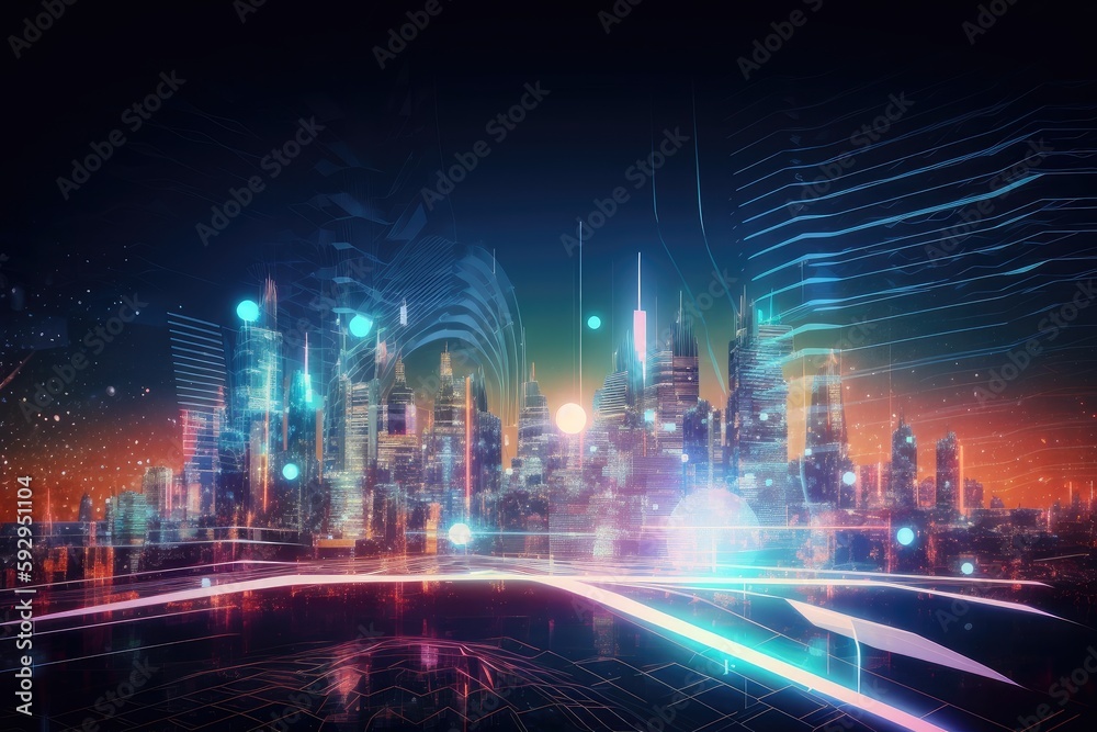 Wall mural digital holographic background with view of futuristic cityscape, created with generative ai