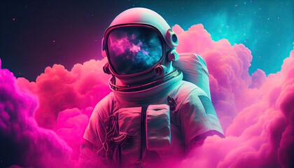 Picture of astronaut - man or woman in suit with helmet, cosmiec gas, ai generated