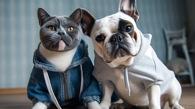 Hund und Katze machen ein Selfie in Klamotten, Portrait