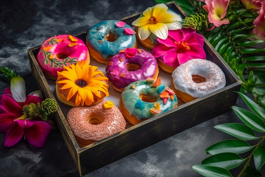 Tasty glazed donuts in the box on the table. Super photo realistic background, generative ai