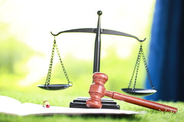 Court scale as judgement symbol with lawyer's hammer on green grass and nature fresh as garden view of judgement room.