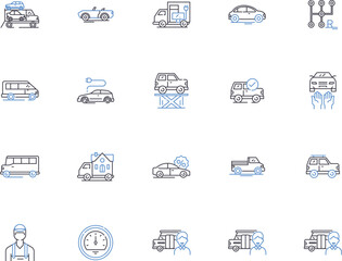 Cars outline icons collection. Vehicle, Automobile, Motor, Auto, Sedan, SUV, Truck vector and illustration concept set. Coupe, Van, Crossover linear signs
