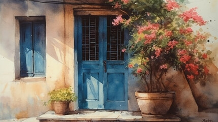 water color painting of old house with bougainvillea in front of blue door