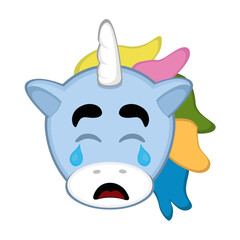 vector illustration face of a cartoon unicorn, a sad expression, crying with tears in its eyes