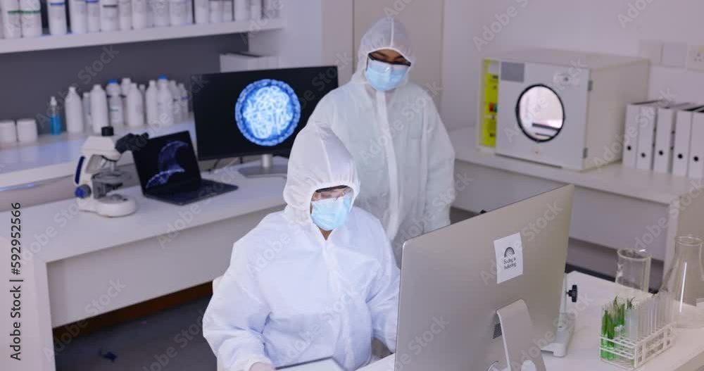 Poster scientist team in laboratory, ppe and science study with medical research, scientific innovation and