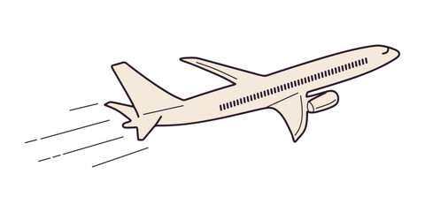 Airplane flying side view. Flat illustration of air transport in flight. Aeroplane flies on white background. Aviation vector illustration