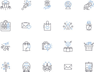 Gifts outline icons collection. Present, Birthday, Souvenir, Keepsake, Offering, Token, Surprise vector and illustration concept set. Trinket, Goody, Glittery linear signs