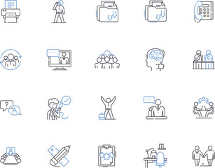 Office supplies outline icons collection. Supplies, Stationery, Pens, Paper, Printer, Desk, Calculator vector and illustration concept set. Chair, Pencils, Stapler linear signs