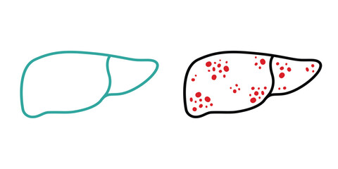 Healthy Liver and Liver disease minimalist lineart illustration. Chronic Inflammation of the internal organ: Liver cirrhosis, fibrosis, hepatitis, fatty liver or cancer concept Malignant neoplasm icon