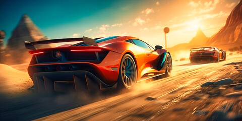 Obraz na płótnie Canvas a racing game with racing cars driving down a track