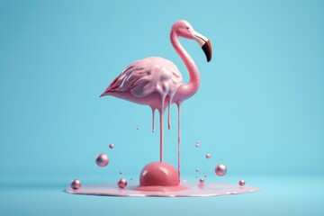 Pink stick ice cream melting with flamingo float on pastel blue background. AI generated