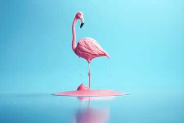 Pink stick ice cream melting with flamingo float on pastel blue background. AI generated