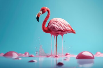 Pink stick ice cream melting with flamingo float on pastel blue background. AI generated