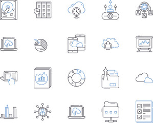 Data and computer outline icons collection. Data, Computer, Analysis, Science, Networking, Technology, Storage vector and illustration concept set. Processing, Programming, Security linear signs