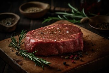 Raw fillet meat beef on board with peper seasoning and green rosemary. AI generated