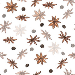 Hand drawn watercolor seamless pattern with spices: anise and black pepper. On white background. For textile, paper and web design. This is a part of the big set of INDIAN SPICES.