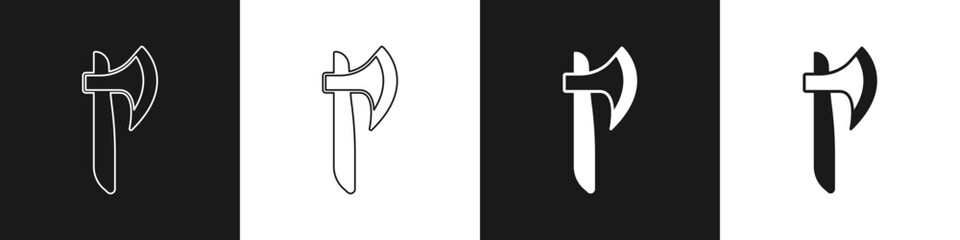 Set Wooden axe icon isolated on black and white background. Lumberjack axe. Vector
