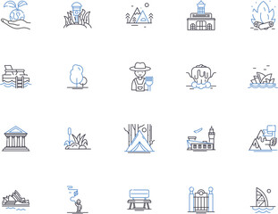 Landscapes outline icons collection. Scenery, Forests, Plains, Mountains, Vistas, Grasslands, Fields vector and illustration concept set. Grass, Hills, Trees linear signs