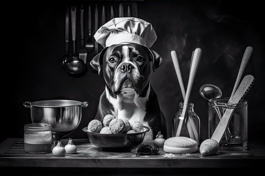 black-and-white dog chef with whisk, preparing classic french cuisine, created with generative ai