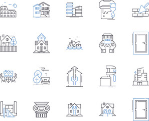 Houses and buildings outline icons collection. Homes, Dwellings, Abodes, Structures, Edifices, Mansions, Abbeys vector and illustration concept set. Castles, Estates, Towers linear signs