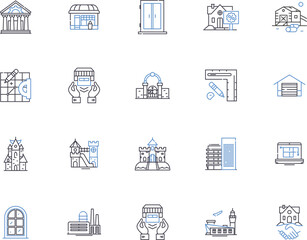 Buildings outline icons collection. Architecture, Structures, Edifices, Skylines, Infrastructures, Skyscrapers, Facades vector and illustration concept set. Turrets, Spires, Columns linear signs