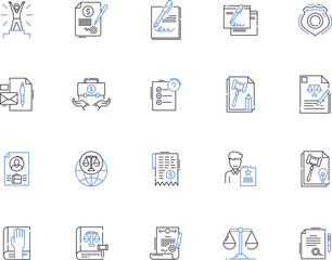 Legal outline icons collection. Law, Court, Rights, Contract, Attorney, Justice, Legislation vector and illustration concept set. Litigation, Agreement, Hearings linear signs