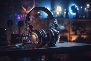 Plakat art music studio background with dj headphones. Generative AI